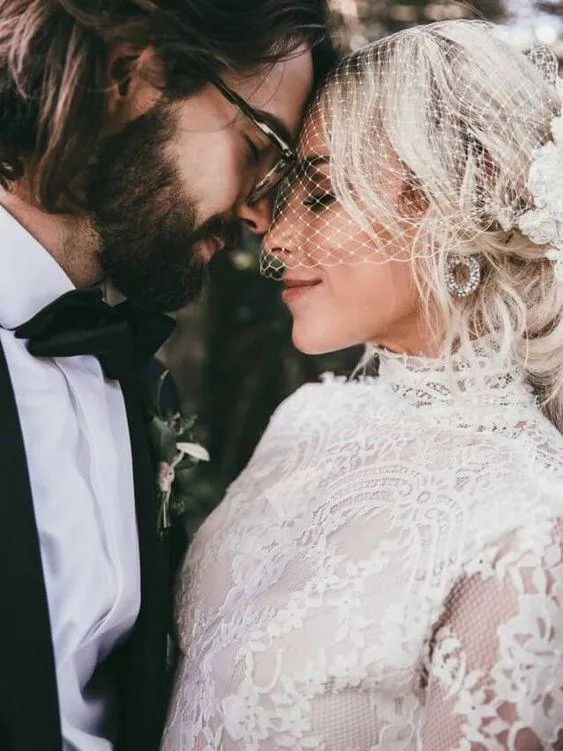 High Neck Boho Long Sleeves Lace Wedding Dresses With Open back TN307