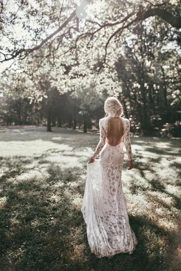 High Neck Boho Long Sleeves Lace Wedding Dresses With Open back TN307