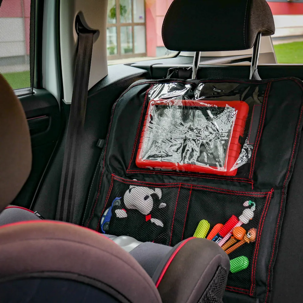 Husă de protecție scaun auto copii MEGA DRIVE 24306, buzunar tabletă și compartimente depozitare, 104x48 cm