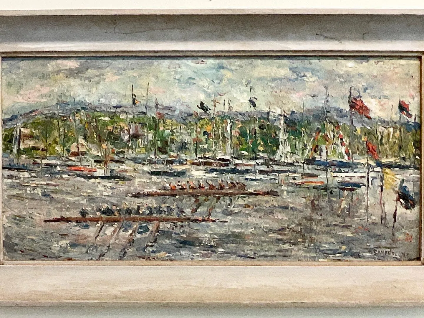 Impressionistic Painting of Rowing Regatta Race Signed W. Campbell 1967