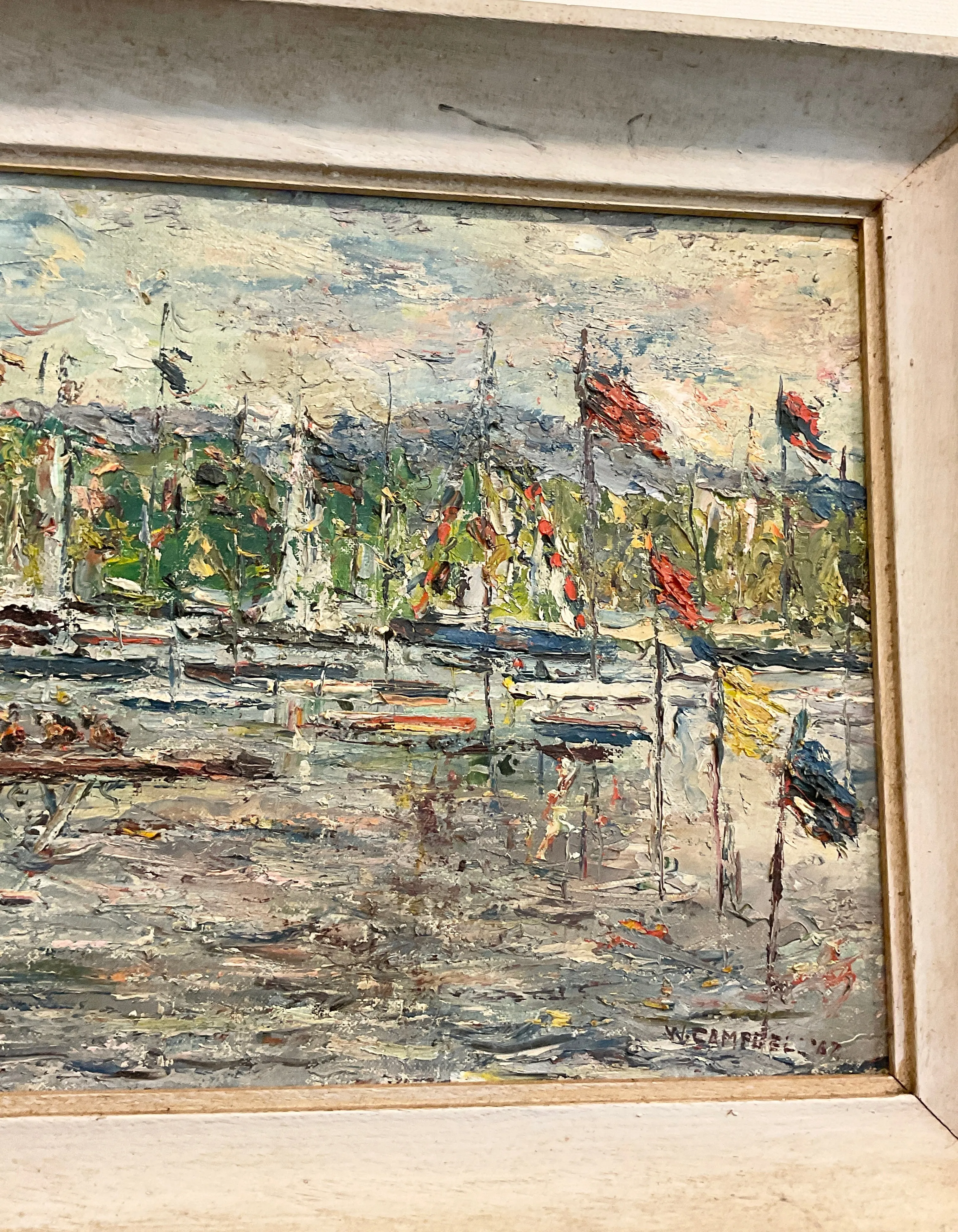 Impressionistic Painting of Rowing Regatta Race Signed W. Campbell 1967