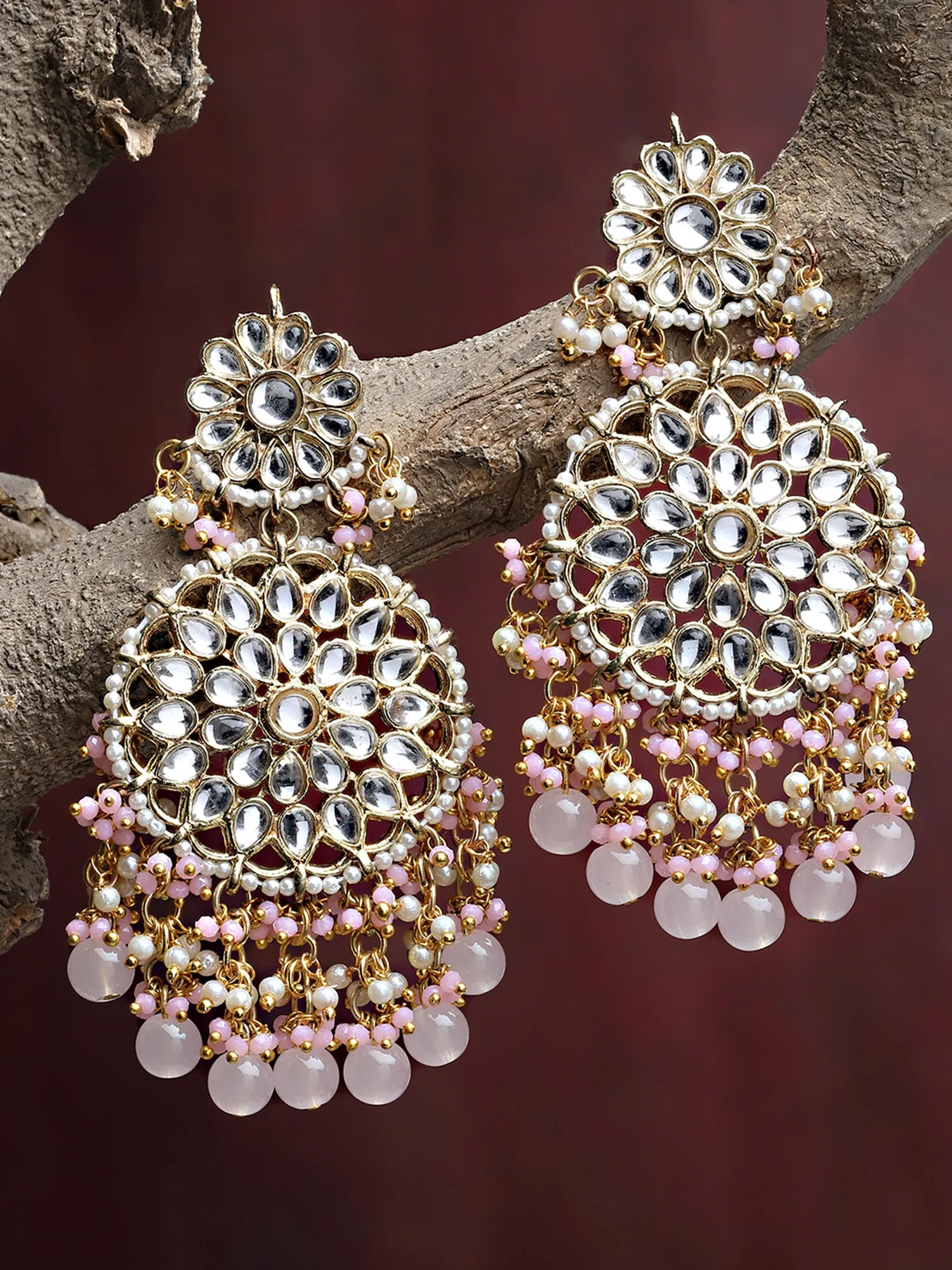 Karatcart Gold Plated Pink Handcrafted Kundan Dangler Earrings for Women