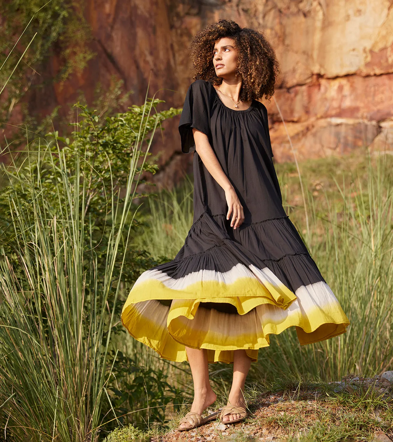 Khara Kapas Dusty Ink Midi Dress 100% Cotton  Black KW659