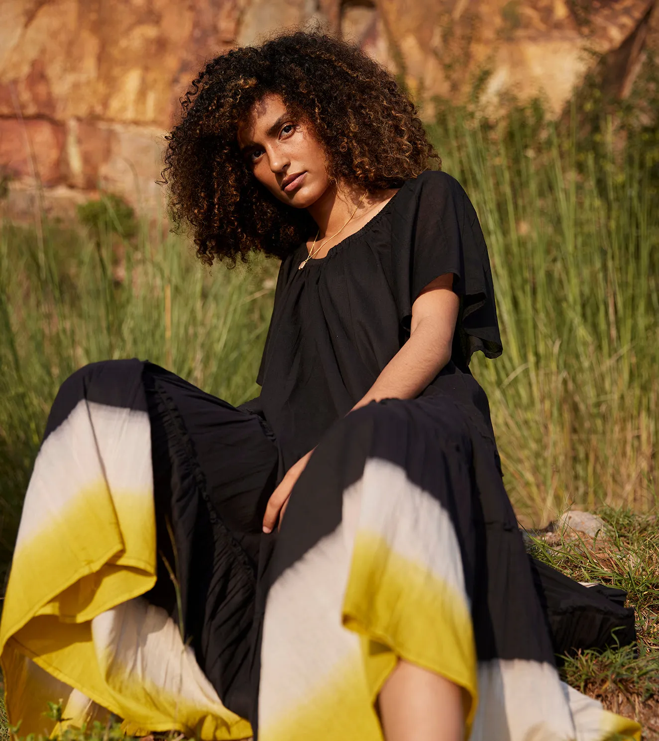 Khara Kapas Dusty Ink Midi Dress 100% Cotton  Black KW659