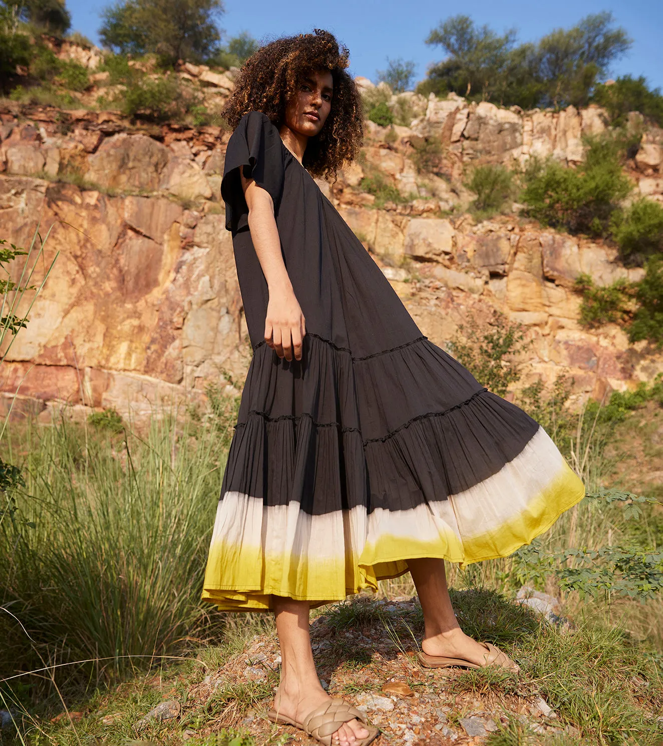 Khara Kapas Dusty Ink Midi Dress 100% Cotton  Black KW659