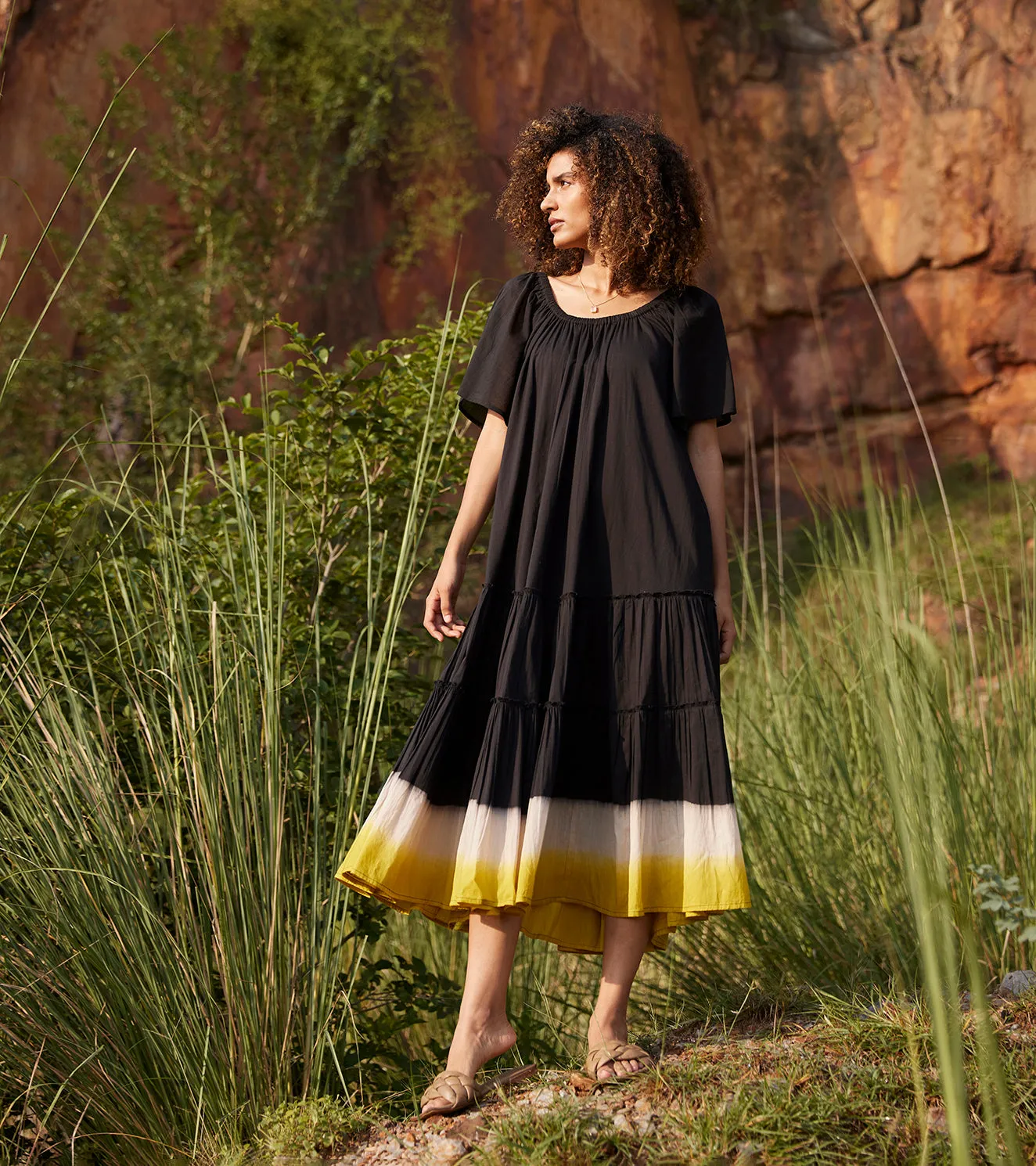 Khara Kapas Dusty Ink Midi Dress 100% Cotton  Black KW659