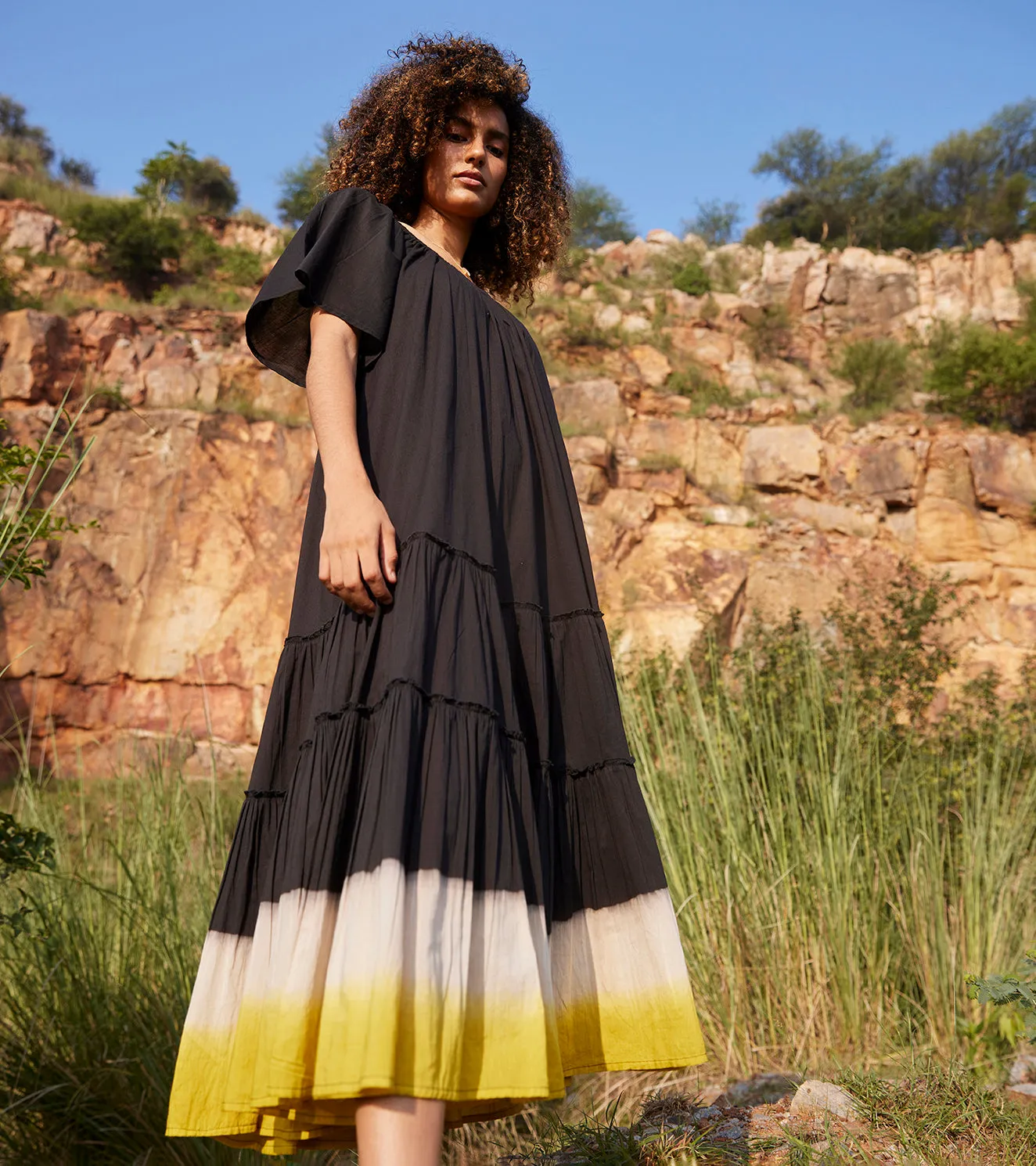 Khara Kapas Dusty Ink Midi Dress 100% Cotton  Black KW659