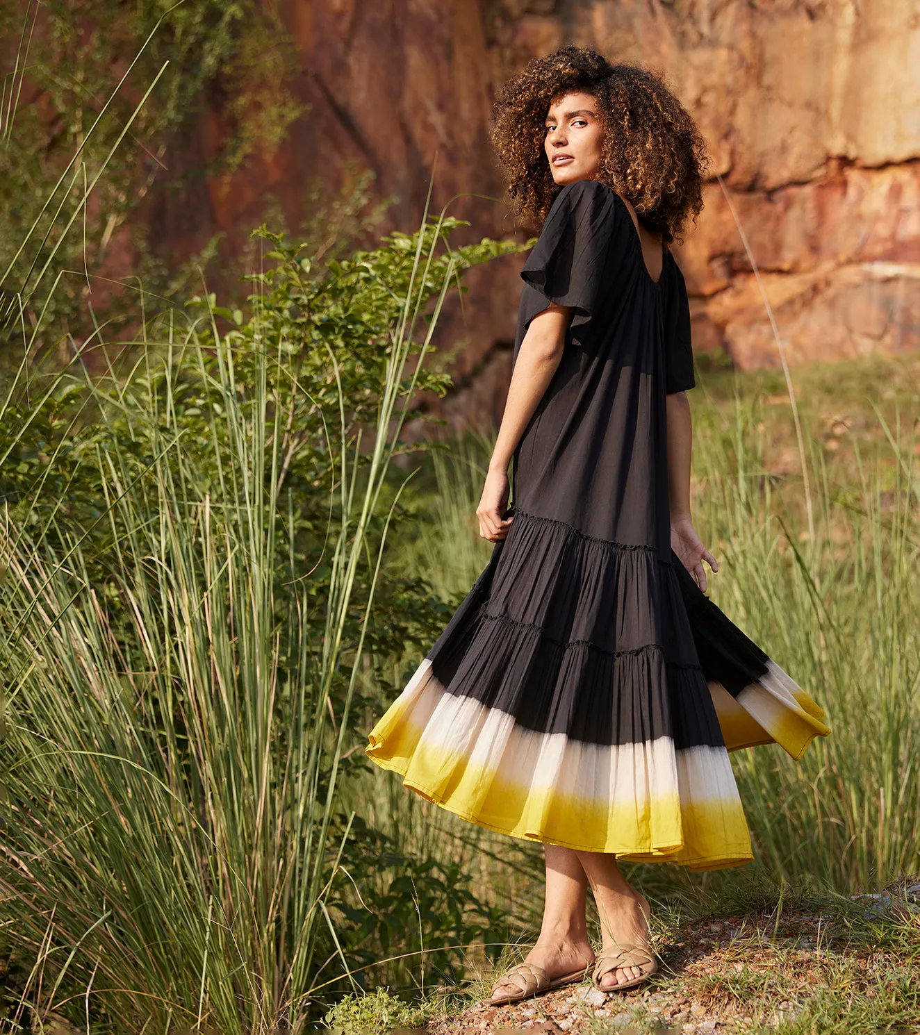 Khara Kapas Dusty Ink Midi Dress 100% Cotton  Black KW659