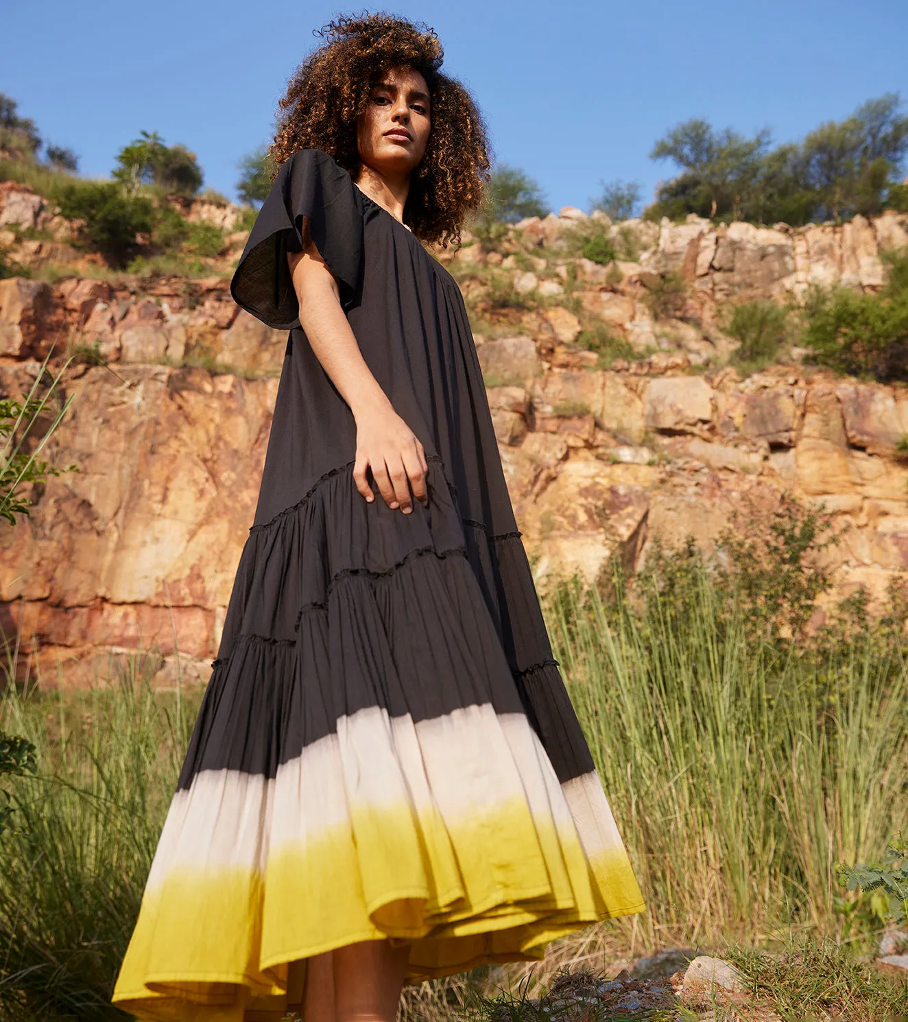 Khara Kapas Dusty Ink Midi Dress 100% Cotton  Black KW659