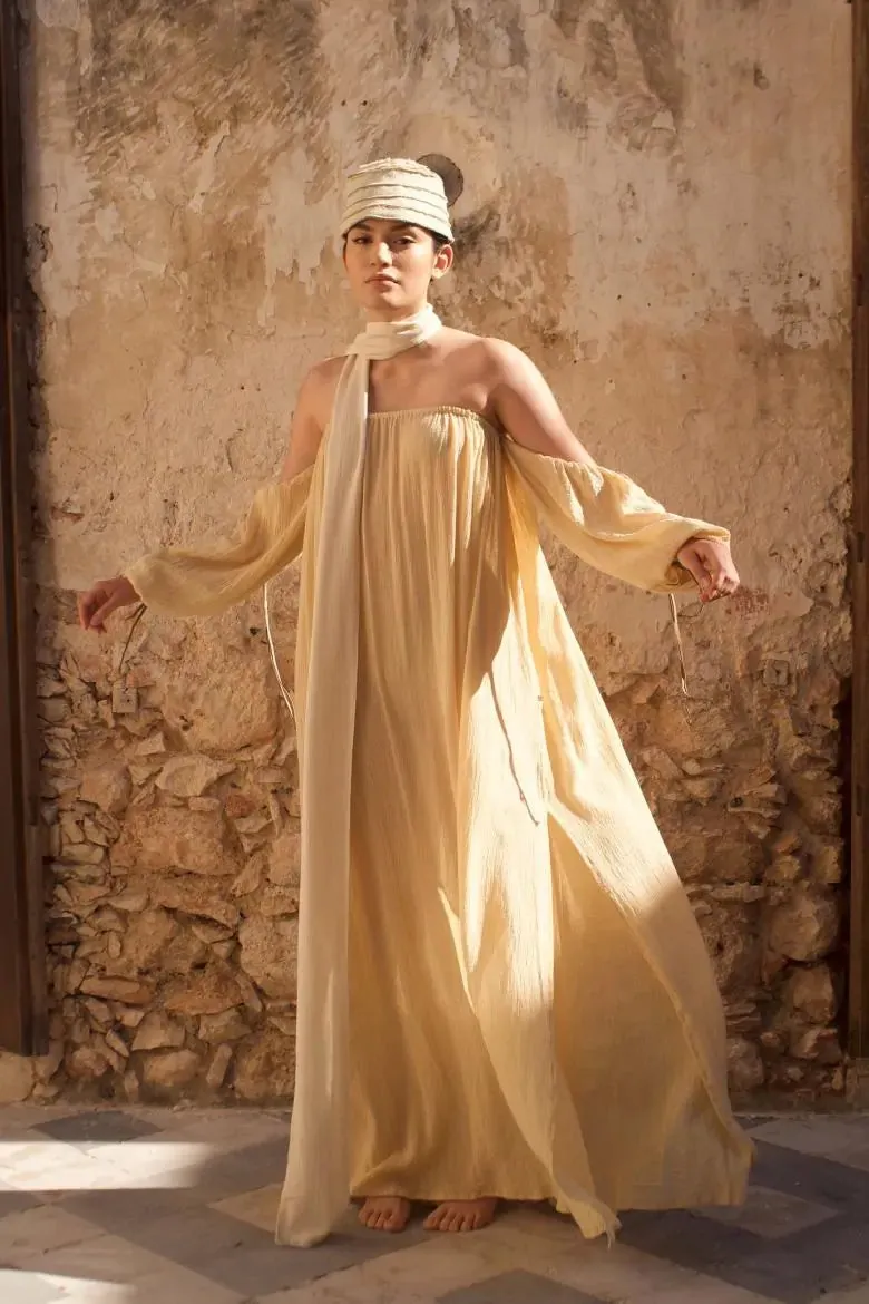 Kikab Long Cotton Dress with Belt and Leather Straps - Almond Milk