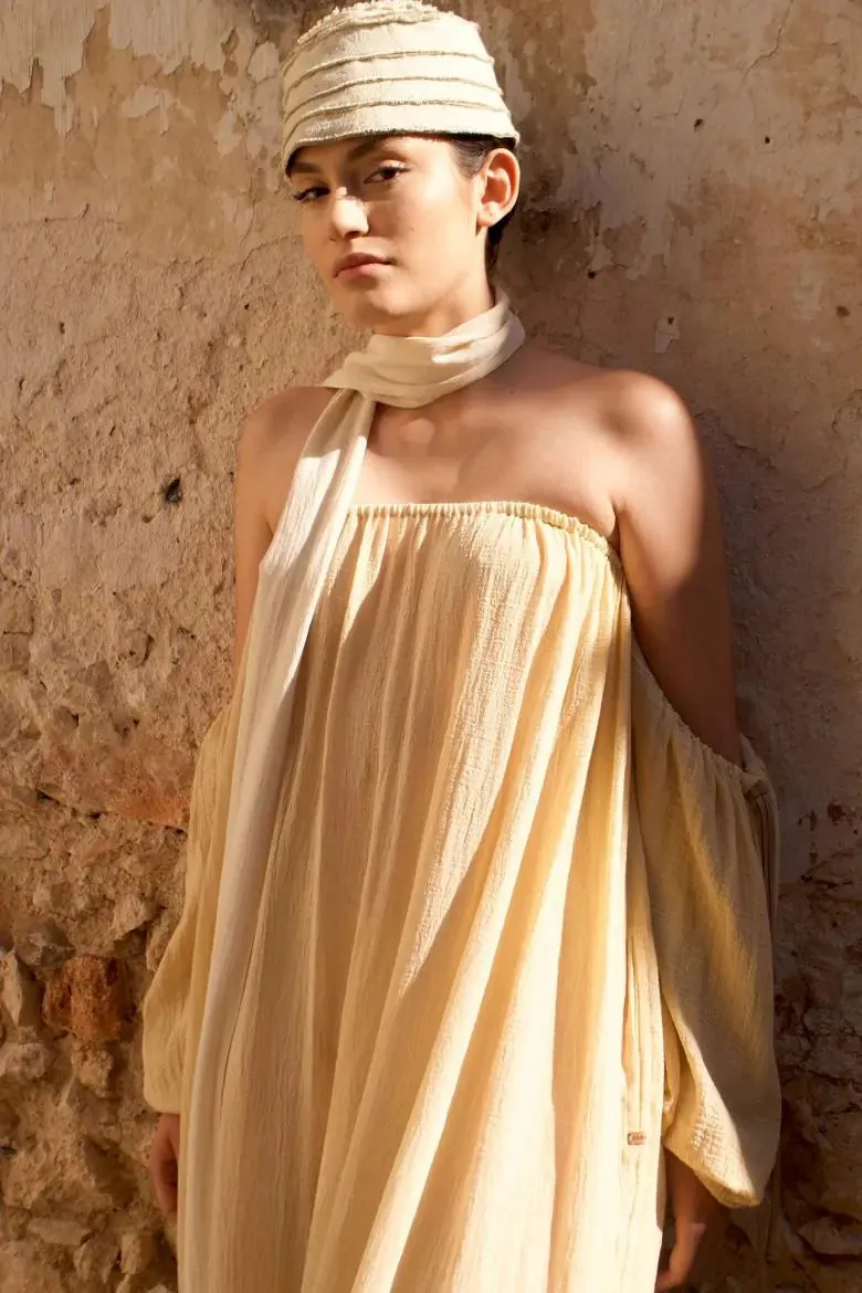 Kikab Long Cotton Dress with Belt and Leather Straps - Almond Milk