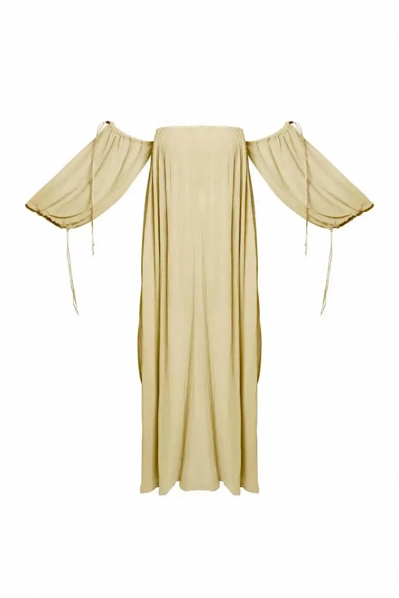 Kikab Long Cotton Dress with Belt and Leather Straps - Almond Milk