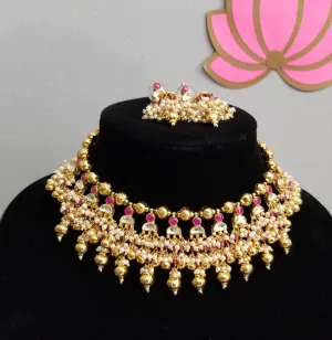 Kundan Necklace Set With Gold Ball Drops