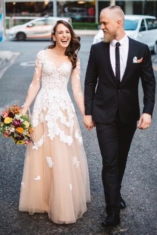 Lace A-line Long Sleeves Tulle Simple Cheap Long Wedding Dresses with sleeves,Prom Dress