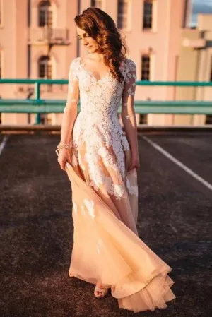 Lace A-line Long Sleeves Tulle Simple Cheap Long Wedding Dresses with sleeves,Prom Dress