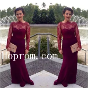 Lace Satin Prom Dresses,Long Sleeve Prom Dress,Evening Dress