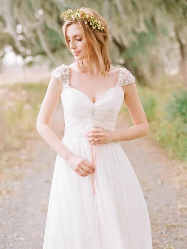Long Chiffon Sweetheart Elegant Beaded Cap Sleeve Backless Lace Wedding Dress, WD0372