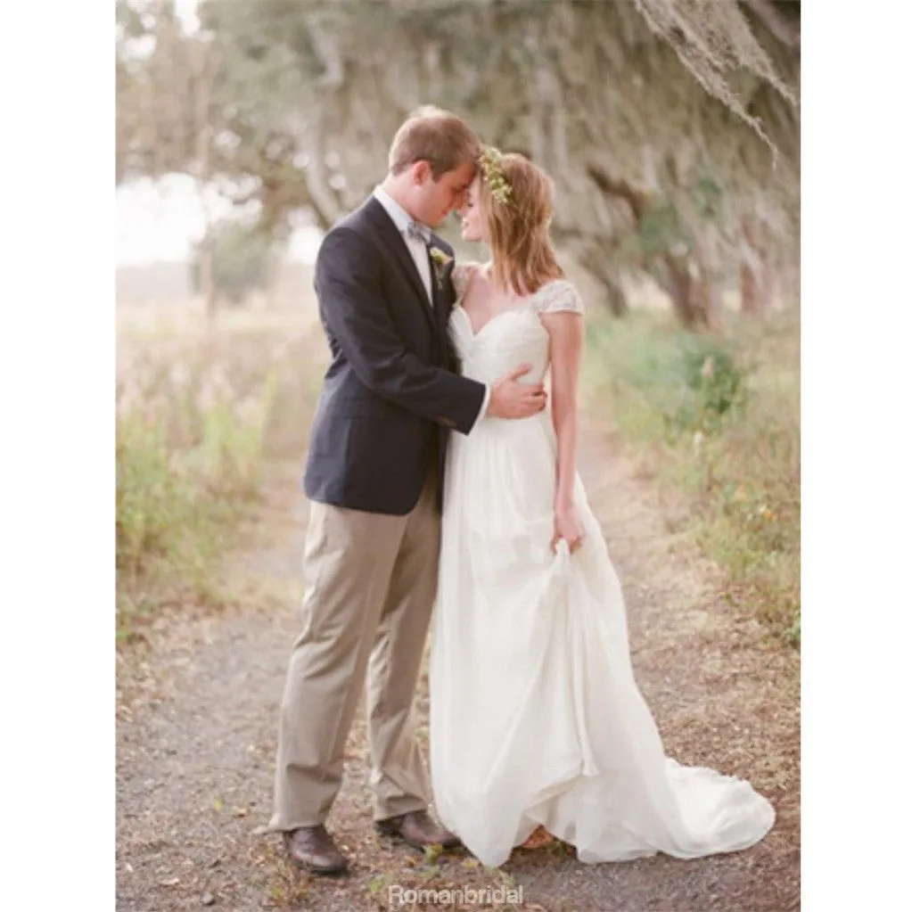 Long Chiffon Sweetheart Elegant Beaded Cap Sleeve Backless Lace Wedding Dress, WD0372