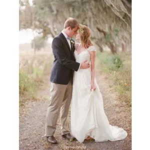 Long Chiffon Sweetheart Elegant Beaded Cap Sleeve Backless Lace Wedding Dress, WD0372
