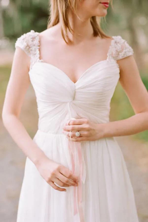 Long Chiffon Sweetheart Elegant Beaded Cap Sleeve Backless Lace Wedding Dress, WD0372