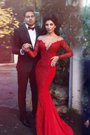 Long Sleeves Illusion Back Red Mermaid Prom Dress With Lace TR0073