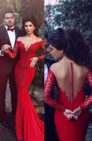 Long Sleeves Illusion Back Red Mermaid Prom Dress With Lace TR0073