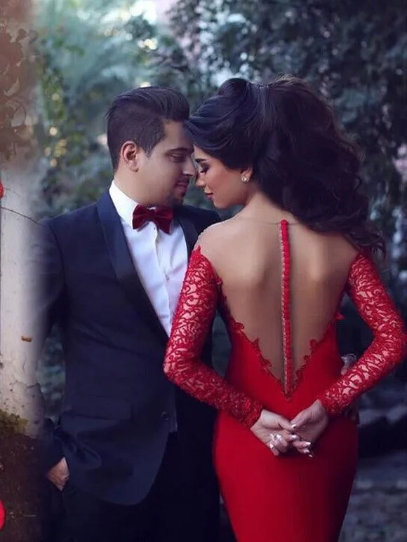 Long Sleeves Illusion Back Red Mermaid Prom Dress With Lace TR0073
