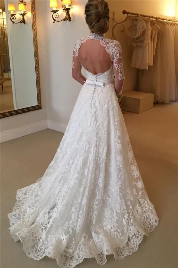 Long Sleeves Sweep Train Lace Wedding Dress With Bowknot Backless TN0070