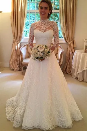 Long Sleeves Sweep Train Lace Wedding Dress With Bowknot Backless TN0070