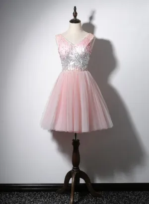 Lovely Pink V-neckline Tulle and Sequins Party Dress, Pink Prom Dress
