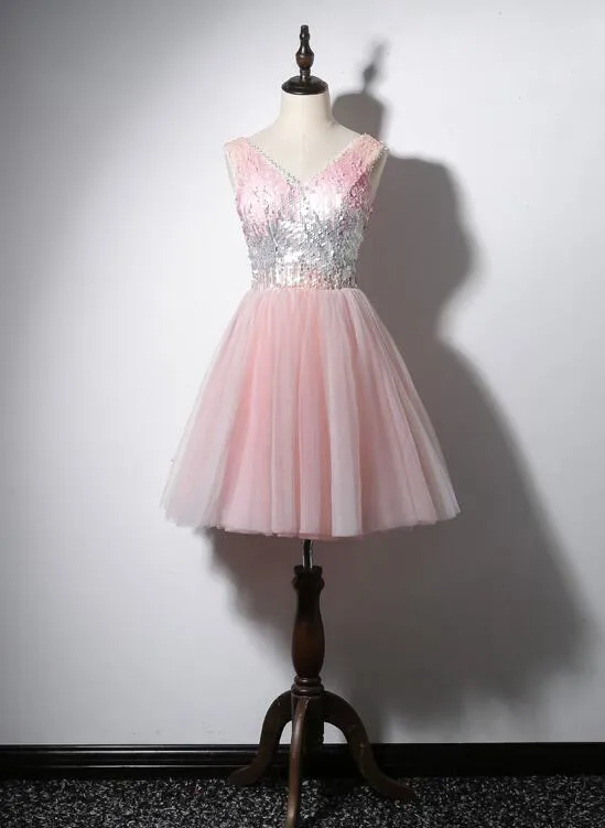 Lovely Pink V-neckline Tulle and Sequins Party Dress, Pink Prom Dress