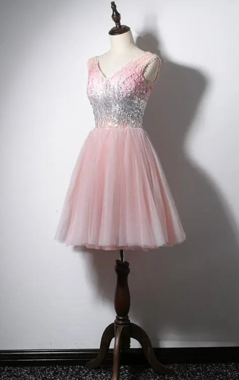Lovely Pink V-neckline Tulle and Sequins Party Dress, Pink Prom Dress