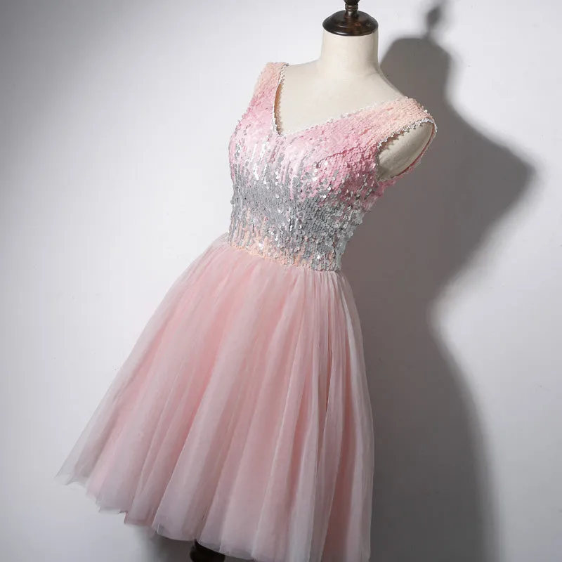 Lovely Pink V-neckline Tulle and Sequins Party Dress, Pink Prom Dress