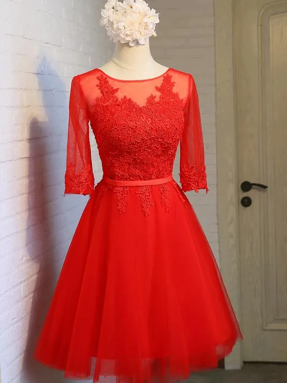Lovely Tulle Round Neckline Lace Short Party Dress, Homecoming Dress