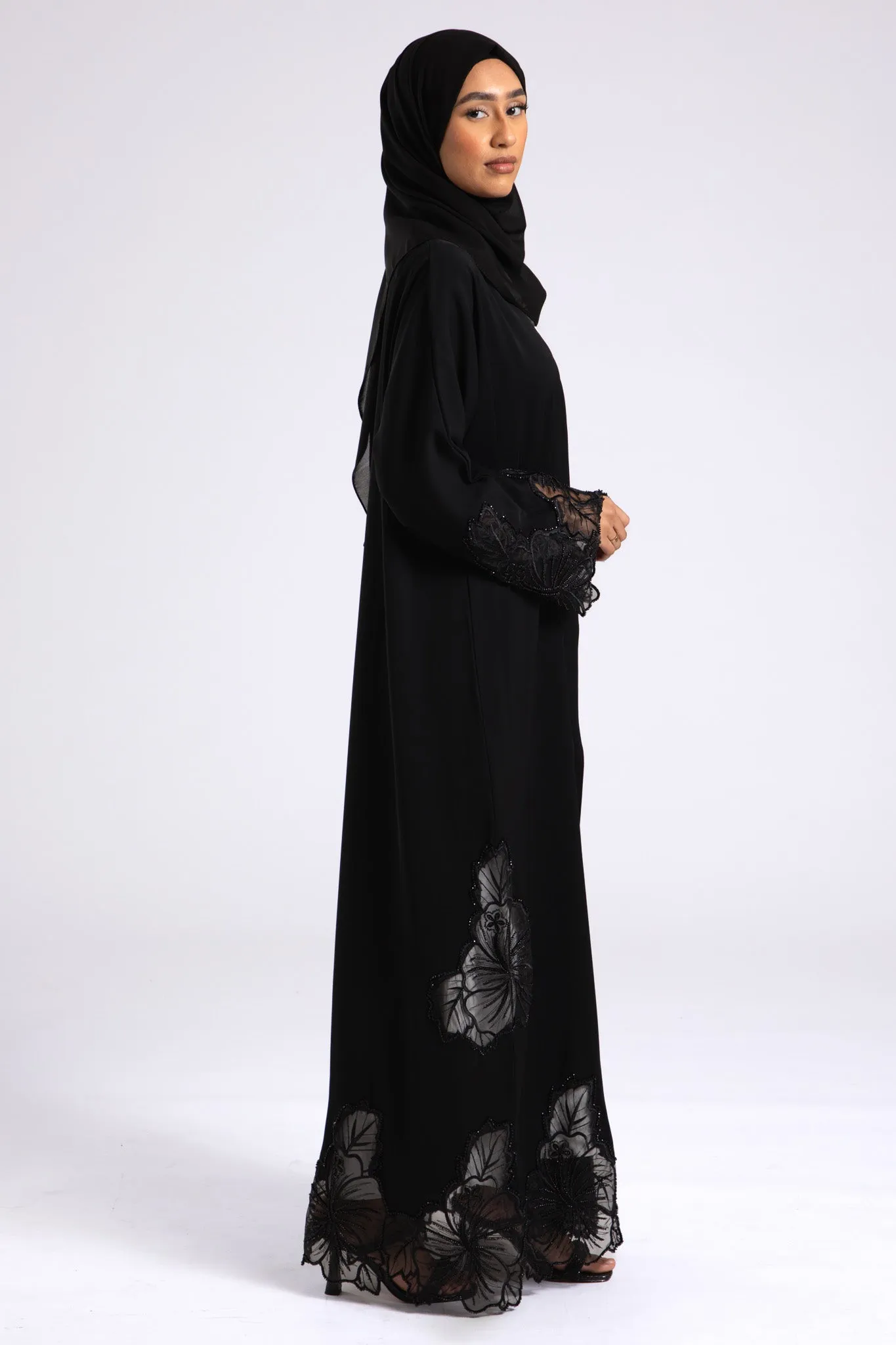 Luxury Black Hibiscus Khaleeji Lace Open Abaya (Premium)