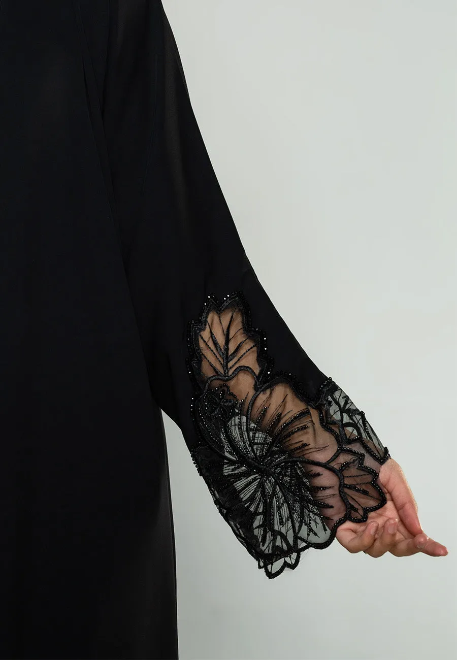 Luxury Black Hibiscus Khaleeji Lace Open Abaya (Premium)