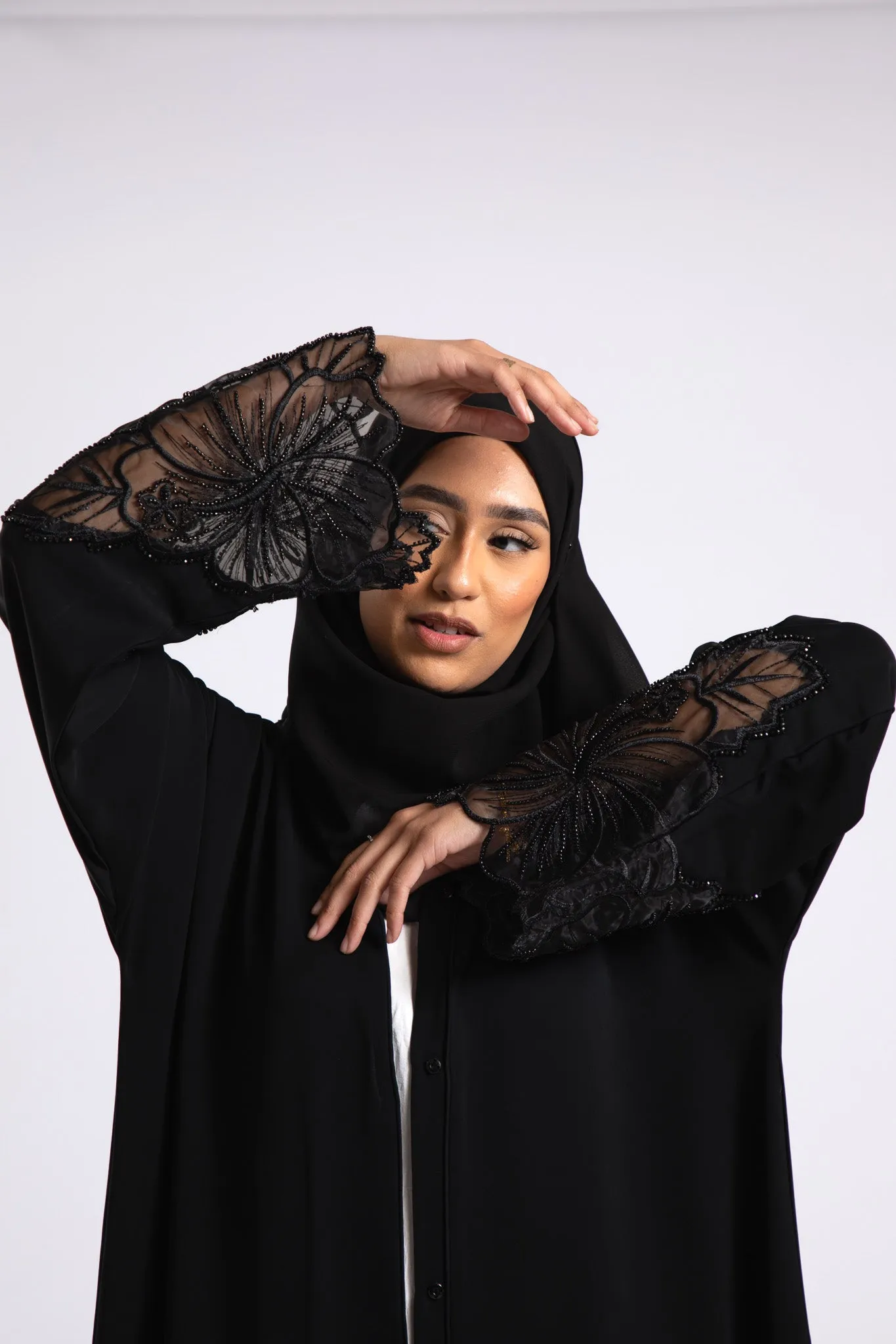 Luxury Black Hibiscus Khaleeji Lace Open Abaya (Premium)