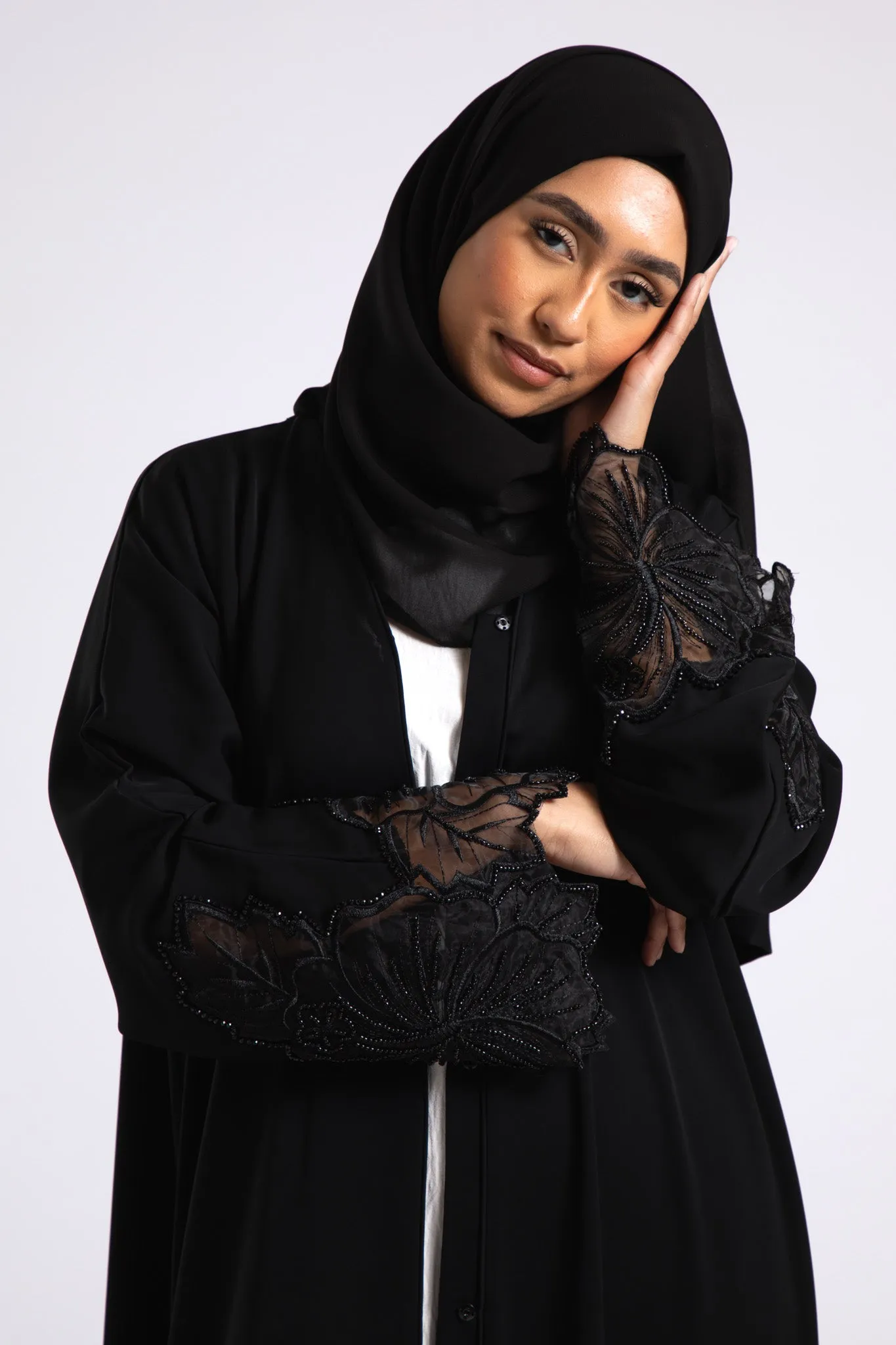 Luxury Black Hibiscus Khaleeji Lace Open Abaya (Premium)
