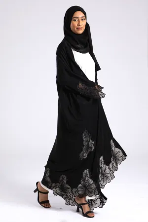 Luxury Black Hibiscus Khaleeji Lace Open Abaya (Premium)