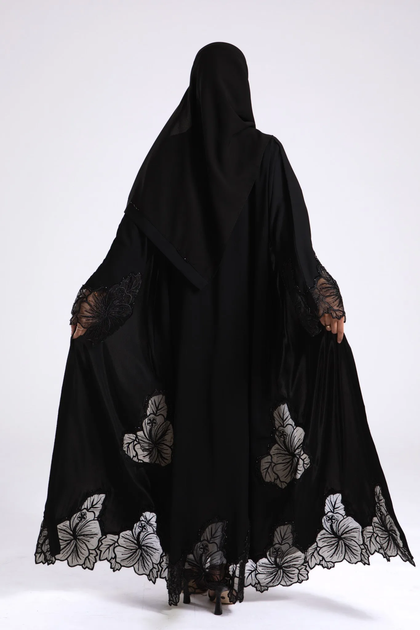 Luxury Black Hibiscus Khaleeji Lace Open Abaya (Premium)
