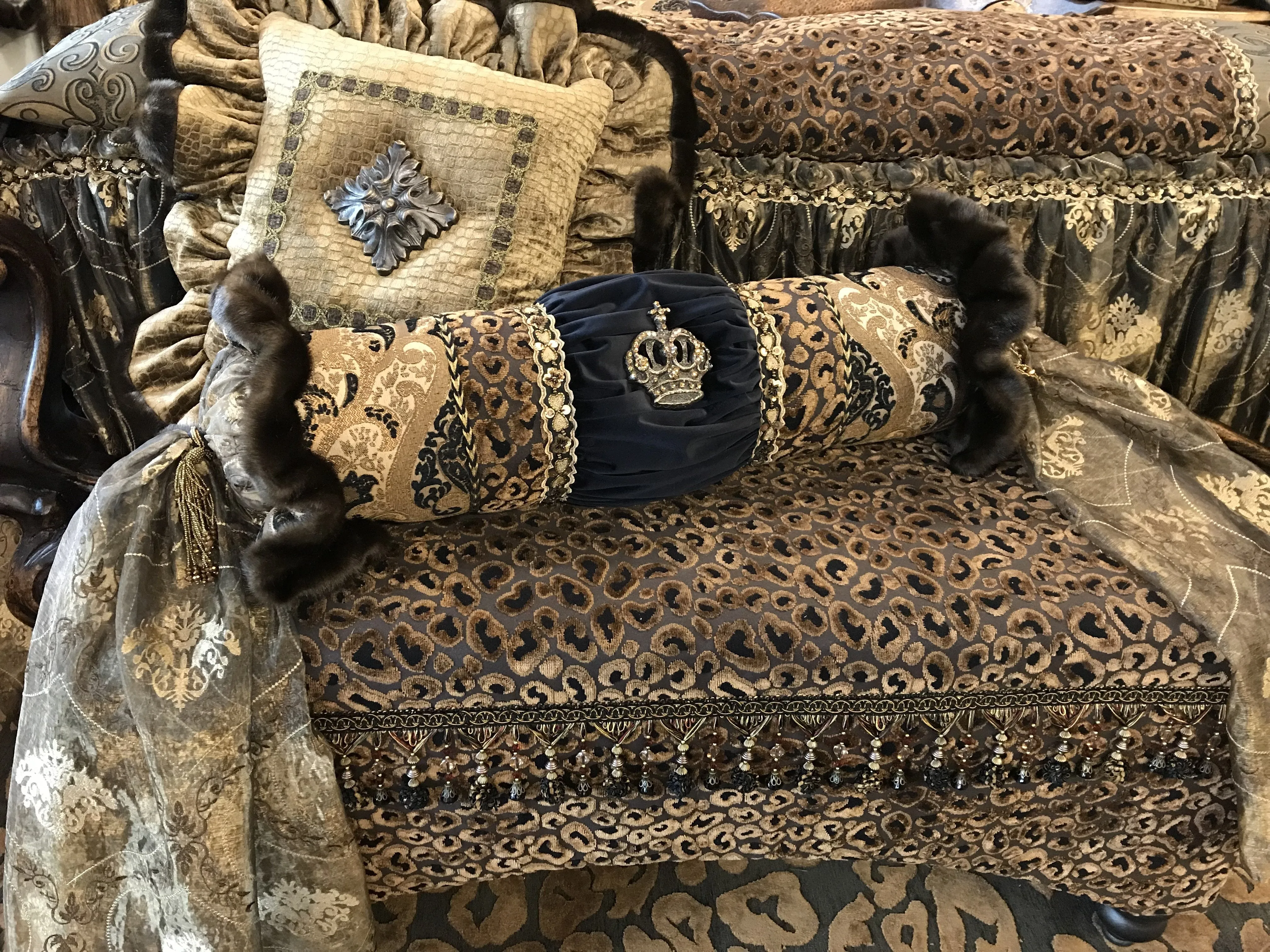 Luxury Bolster Pillow with Leopard Print and Jeweled Crown 32"x8"