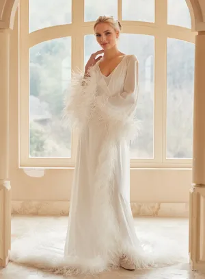 Luxury Thick Ostrich Feather Floor-Length Satin Robe with Train – Elegant Bridal Loungewear