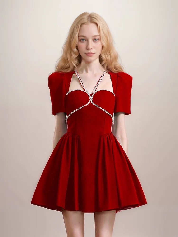 Luxury Velvet Mini Dress with Crystal Straps & Puff Sleeves