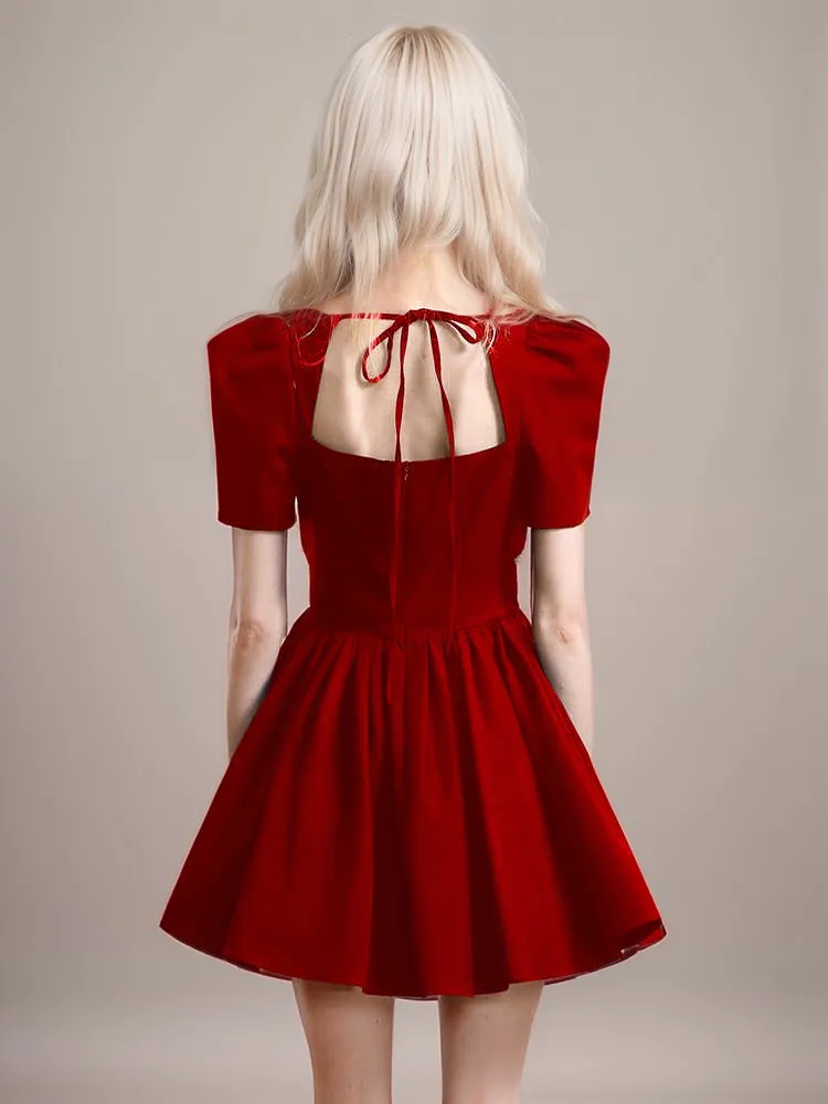 Luxury Velvet Mini Dress with Crystal Straps & Puff Sleeves