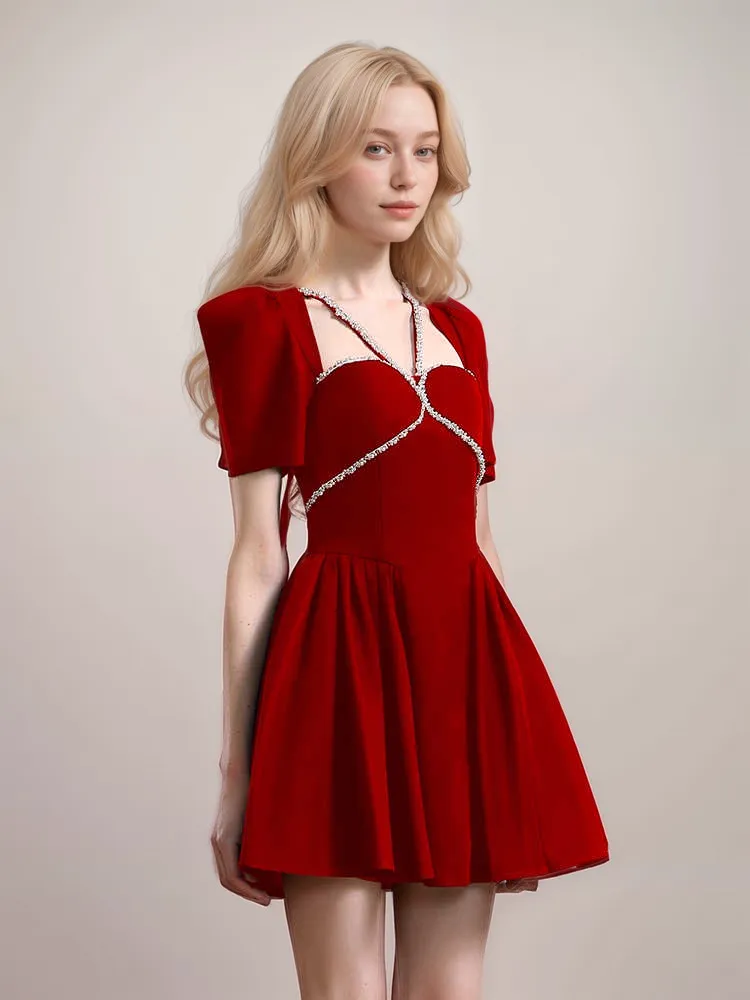 Luxury Velvet Mini Dress with Crystal Straps & Puff Sleeves