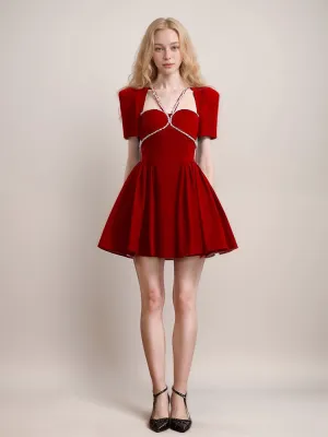 Luxury Velvet Mini Dress with Crystal Straps & Puff Sleeves