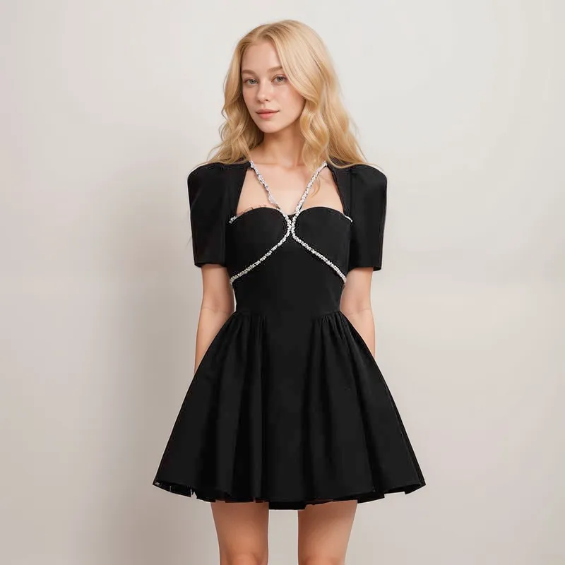 Luxury Velvet Mini Dress with Crystal Straps & Puff Sleeves
