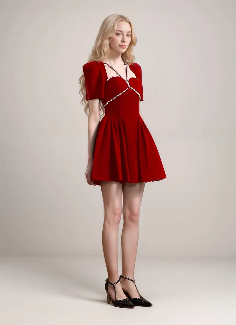 Luxury Velvet Mini Dress with Crystal Straps & Puff Sleeves