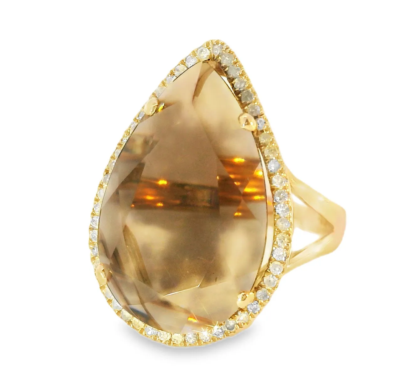 Magnificent 14K Pink Rose Gold Smokey Topaz Brown Quartz MicroPave Diamond Ring