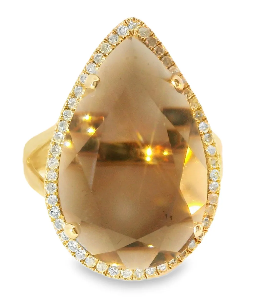 Magnificent 14K Pink Rose Gold Smokey Topaz Brown Quartz MicroPave Diamond Ring
